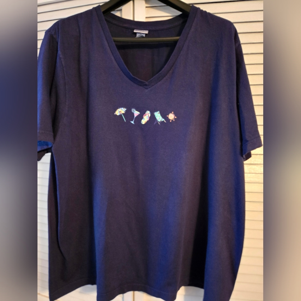 Navy Blue T-Shirt with Colorful Beach Design